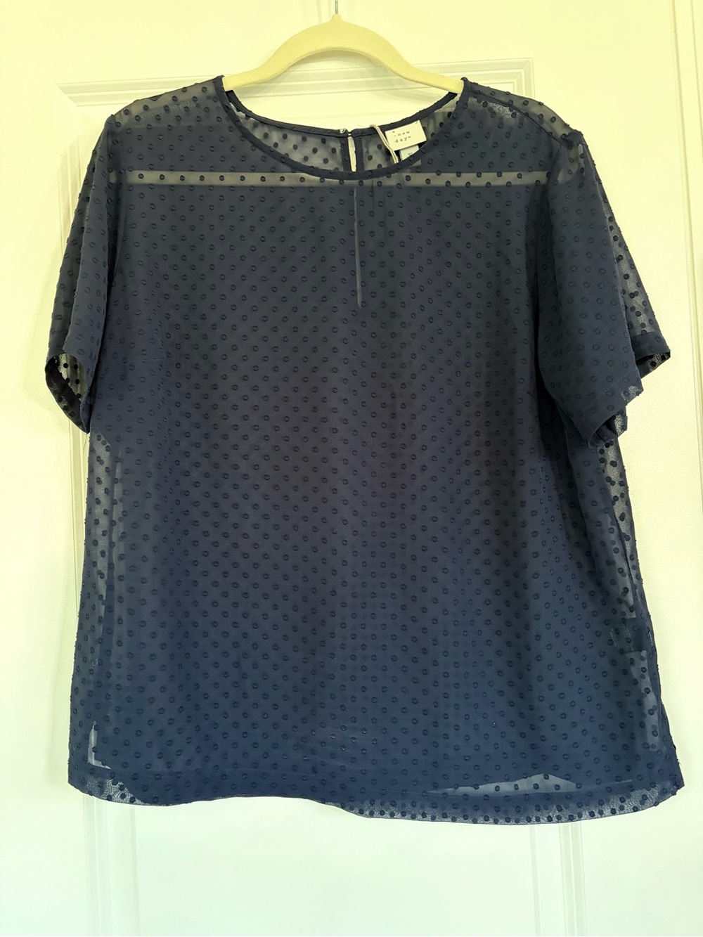 A New Day Navy Short Sleeve Swiss Dot Blouse